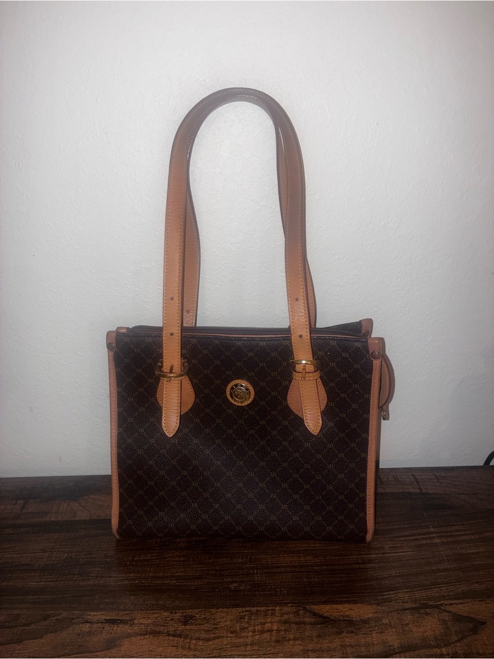 Rioni Italiano Brown and Tan Patterned Shoulder Tote prep leather